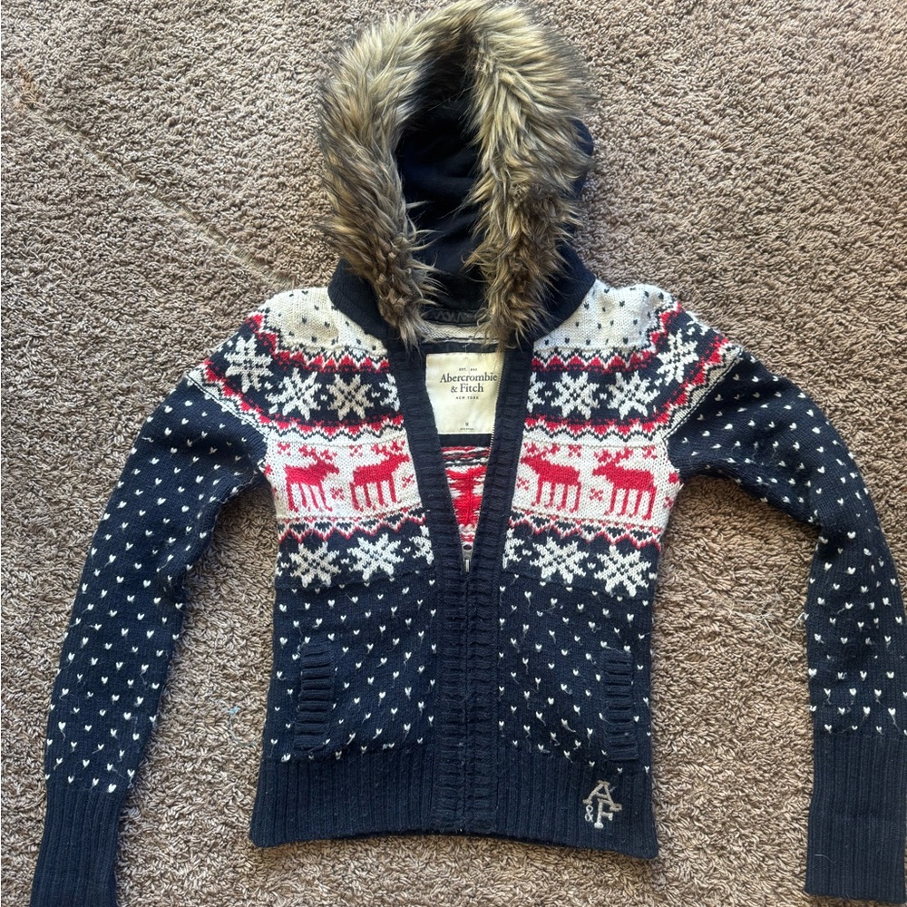 Abercrombie & Fitch Navy Cardigan with Fur Hood